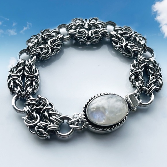 Maille stainless steel moonstone bracelet . Handmade chain & moonstone gem clasp - Picture 1 of 12